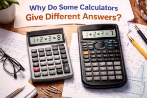Two calculators showing different results for the same math equation, explaining why calculators give different answers