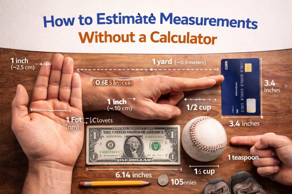 Everyday objects and hand-based references used to estimate measurements without a calculator